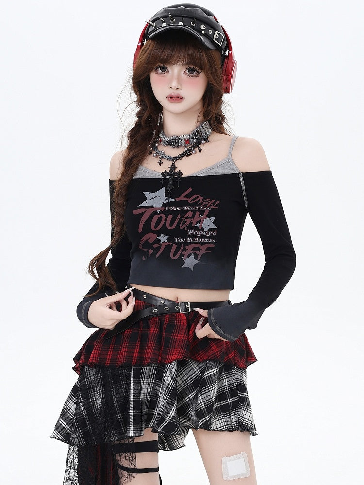 Y2K Schwarze Buchstaben Fake Zweiteiliges Design Cropped Top