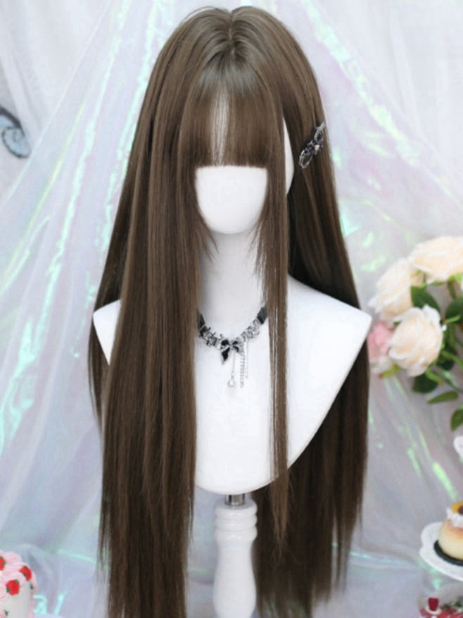 Braune 70-75CM glatte Perücke mit Air Bangs