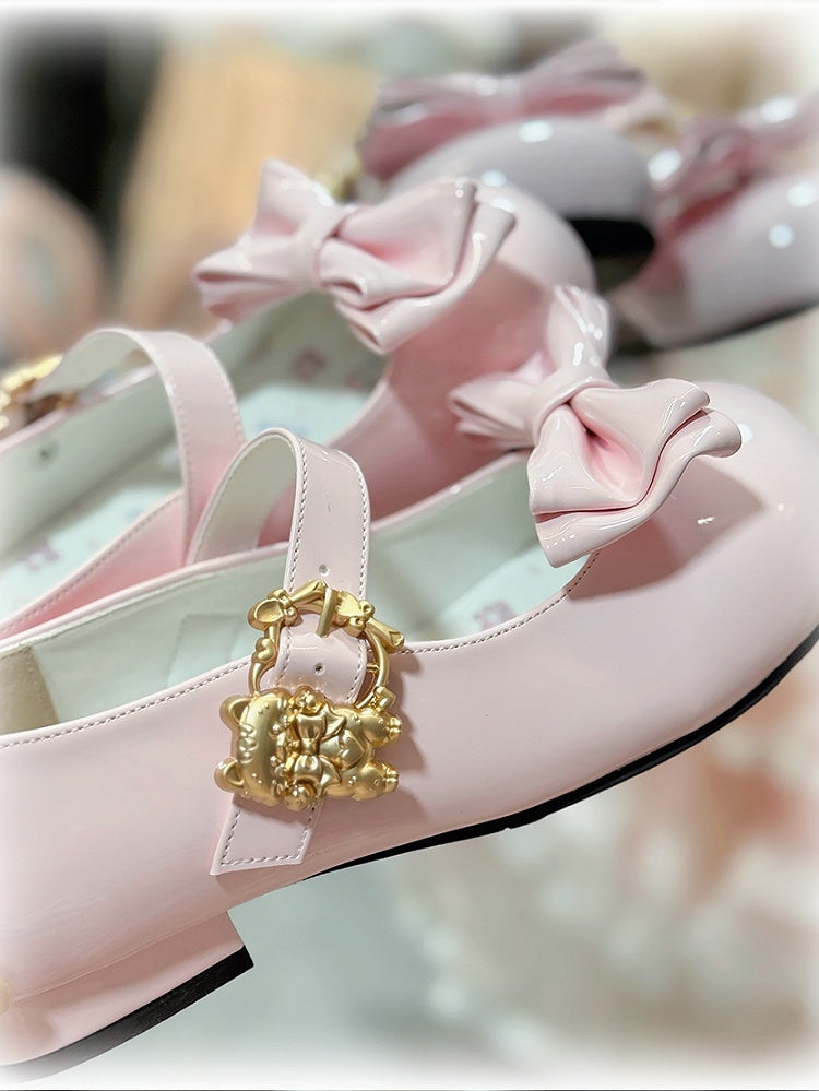 Low-heel Bow Round Lolita Toe Buckle Detail Adorable Shoes with Decor Mary Pink Cat Janes -