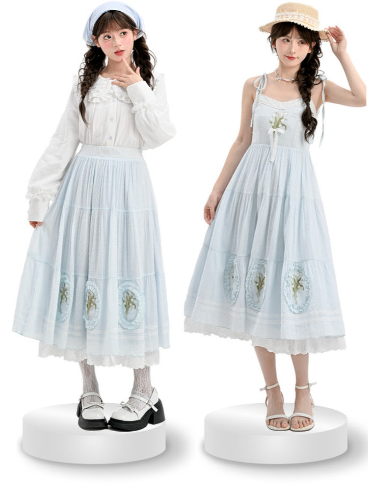 Cami Dress Light Blue Lily of the Valley Embroidered Lace Trim Cutton
