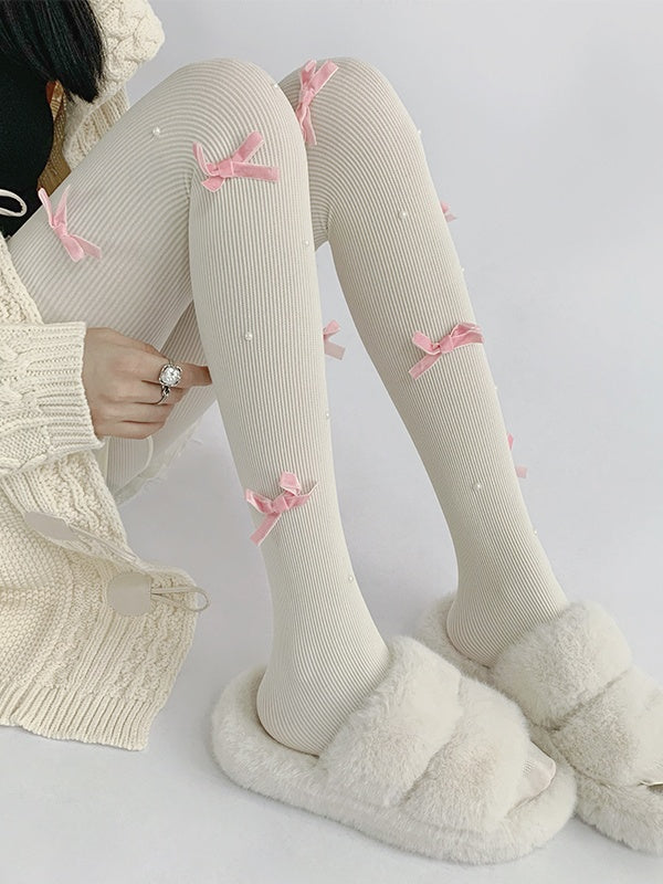 Knitted White/Pink Tights Decorated Cream White/Black Bowknot Bead