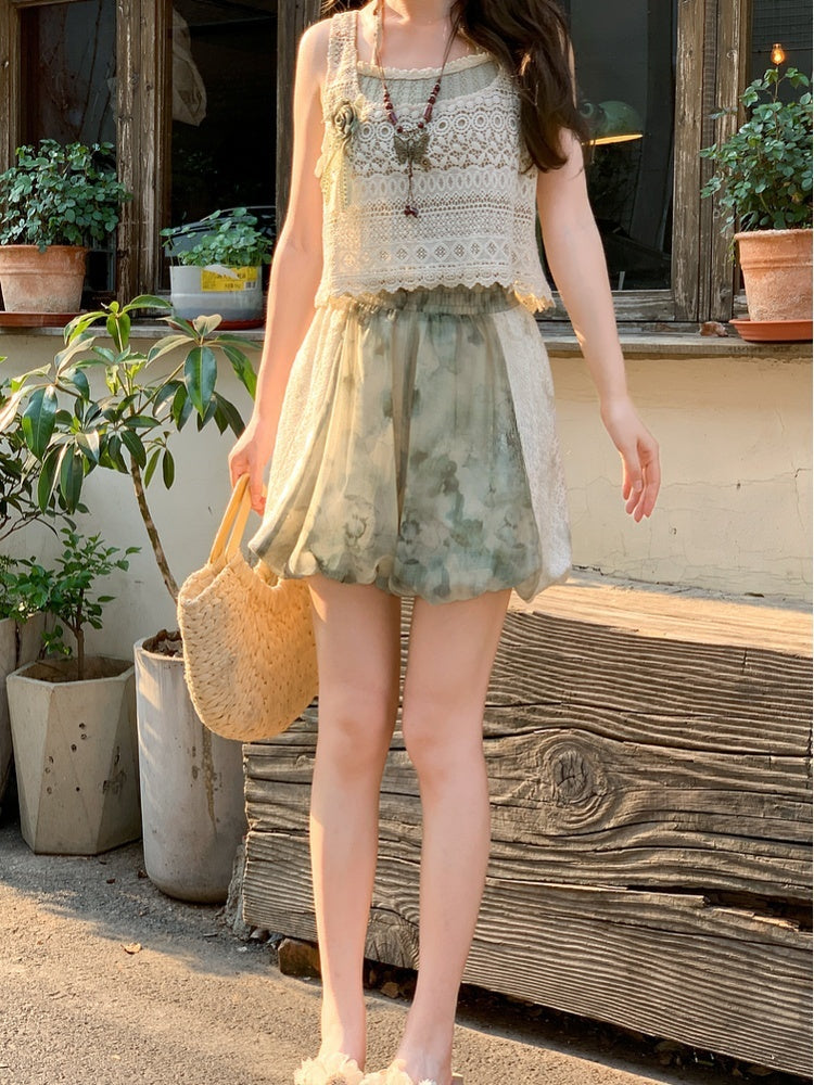 Shorts Dye Lace Waist Mori Kei Green Elastic Side Patches Tie