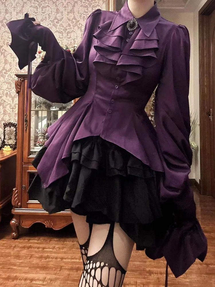 Foldover Hem with Shirt Purple Long Lolita Collar Cascading Irregular Ouji Sleeves