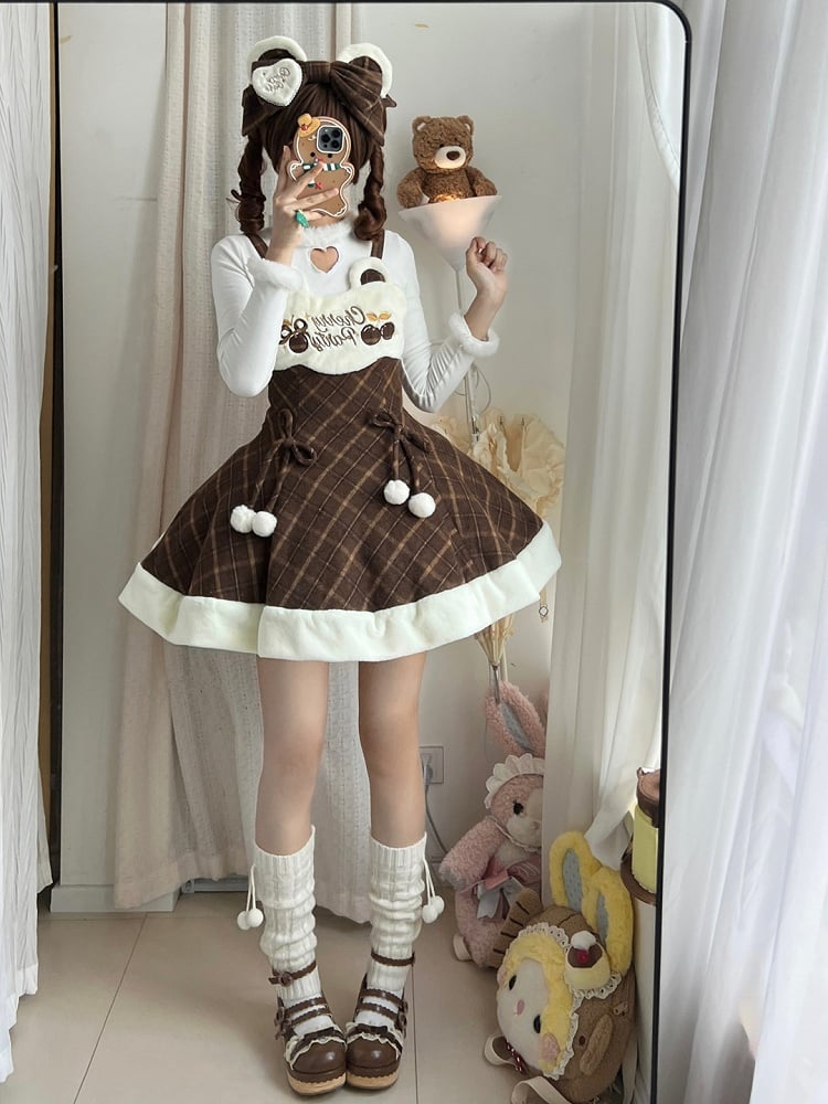 Süß mit Kirsch-Pom-Poms kariertes braunes Kleid für Herbst und Winter Lolita