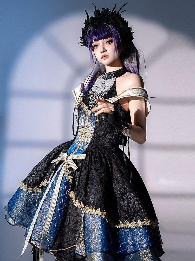 Skirt Cascading Front Design Ruffles Jumper Off-shoulder and Gothic Cross Neck Mock Print