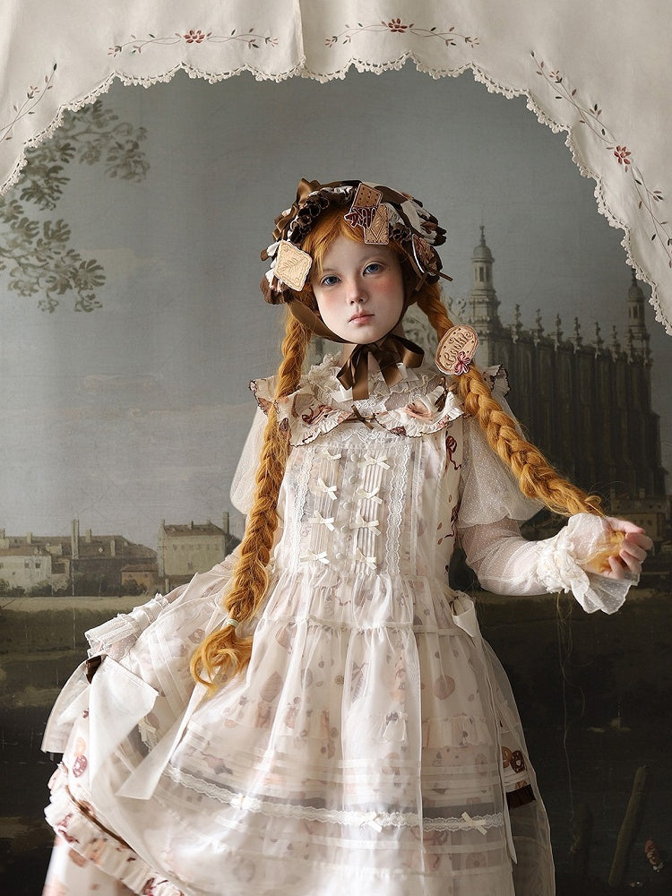 Hamster Dress Cookie Brown Triangular and Apron Headscarf Lolita Sweet Yellow Print Full Set + Brooches