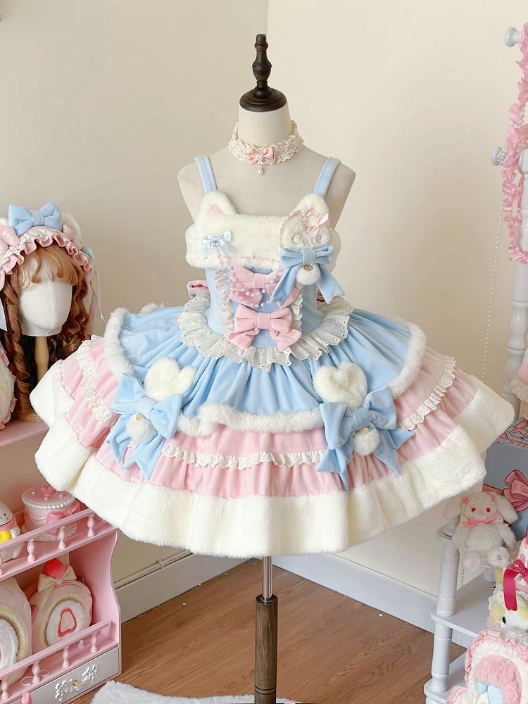 Winter Dress Ears Lolita Sweet Blue and Kitty Neckline Pink Plush