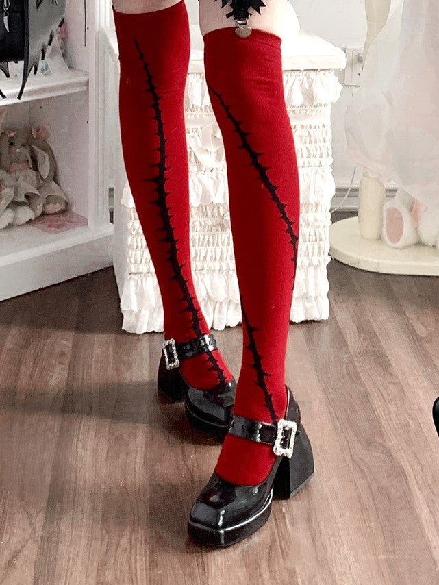 Red Lolita Gothic Black Bramble Pattern Stockings Overknee
