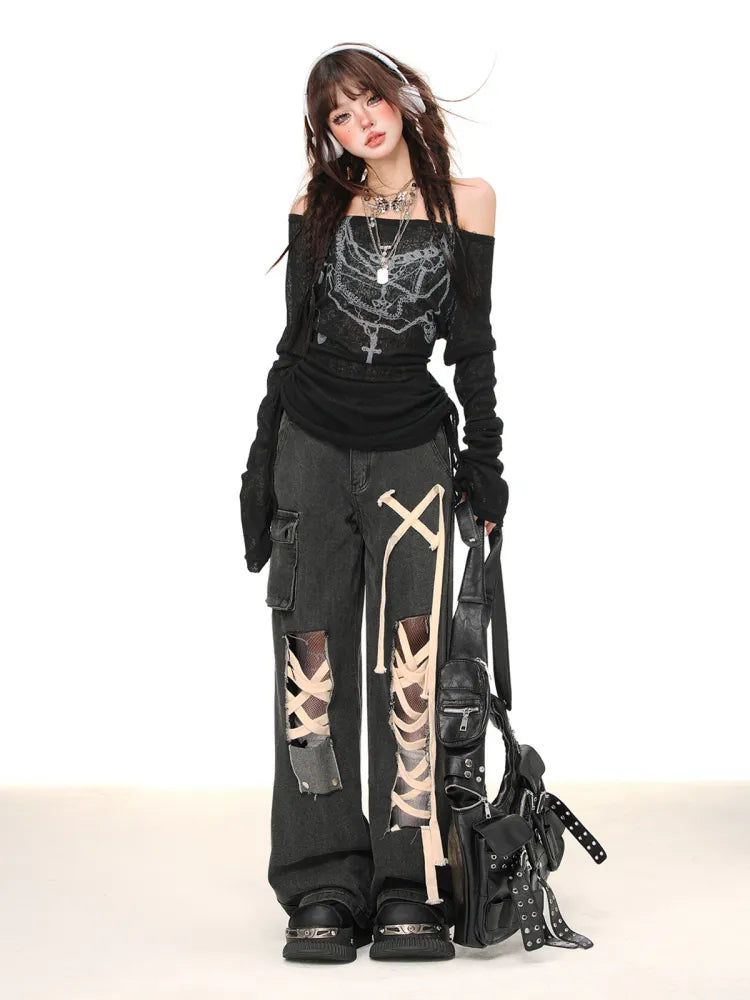 Top Graffiti Weiß/Schwarz Halbtransparenter Kordelzug in der Taille