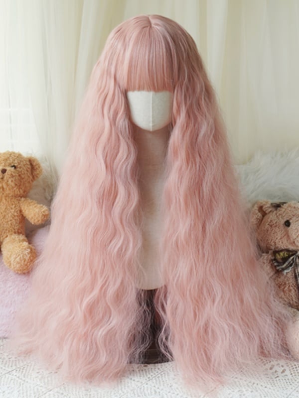 Schwarz/Blond/Hellblond/Pink, hüftlange, gewellte Perücke mit vollem Pony