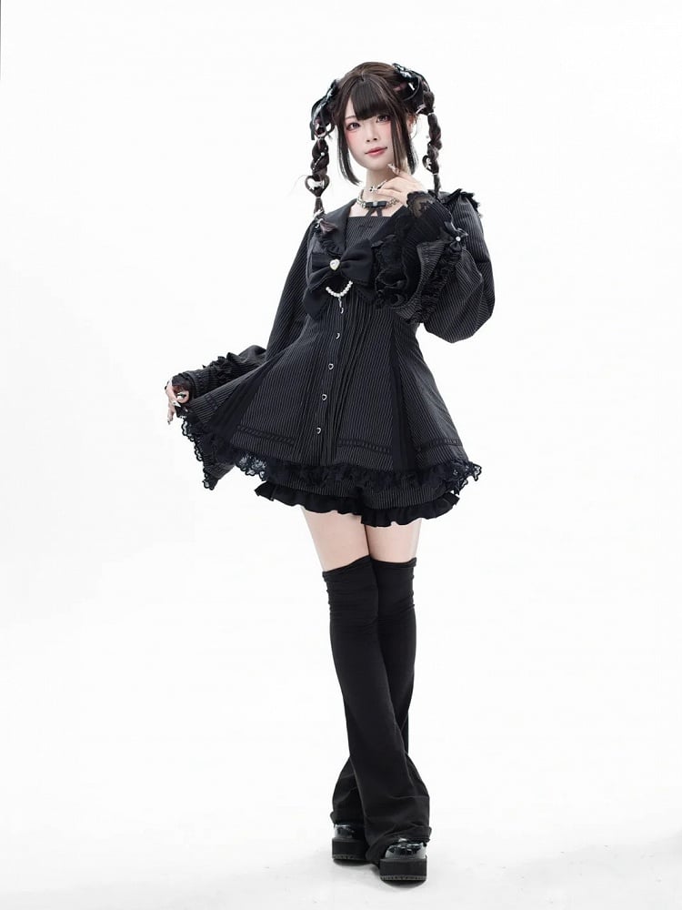 Jirai Kei Black Striped Gothic Coord Set Sailor Collar Top with Bell Sleeves and Lace Threading Plus Matching Shorts - Sugar Rush