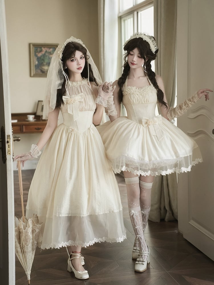 Waist Dress Boned Bow Flower Basque Elegant Detachable Hairband Neck Beige + Self-tie Halter