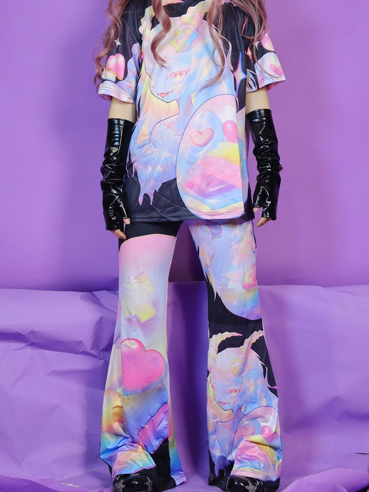 Modische bunte Gyaru-Hose mit ausgestelltem Cartoon-Muster