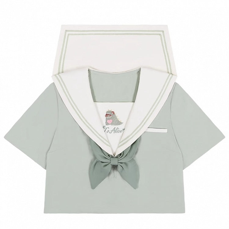 Green Cute Little Monster Sailor Collar Top