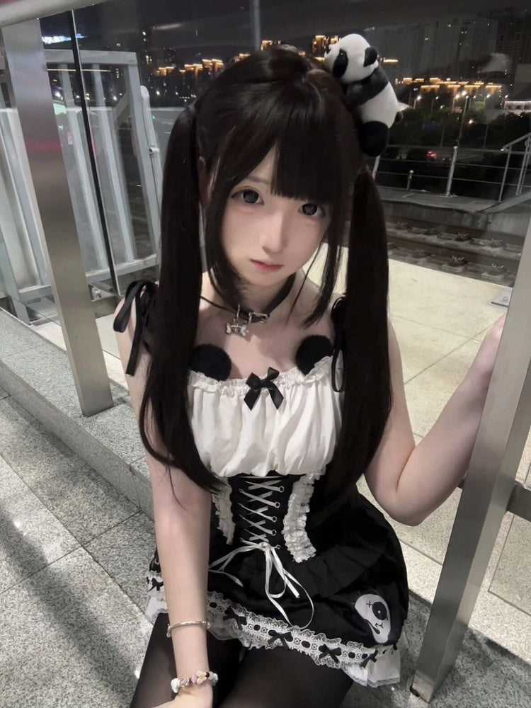 Bear and with White Lace-Up Details Dress Bowknot Black Ears
