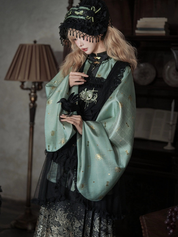Green-Black Hanfu-Inspired Blouse with Floral Accents - San Sheng Du