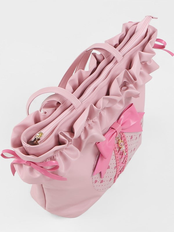 Jirai Kei Pink/Black Ruffled Shoulder Bag with Bow Accent