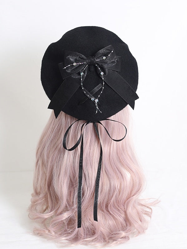 Black With Lolita / Red Dark Beret Bowknot Ribbon Gentle