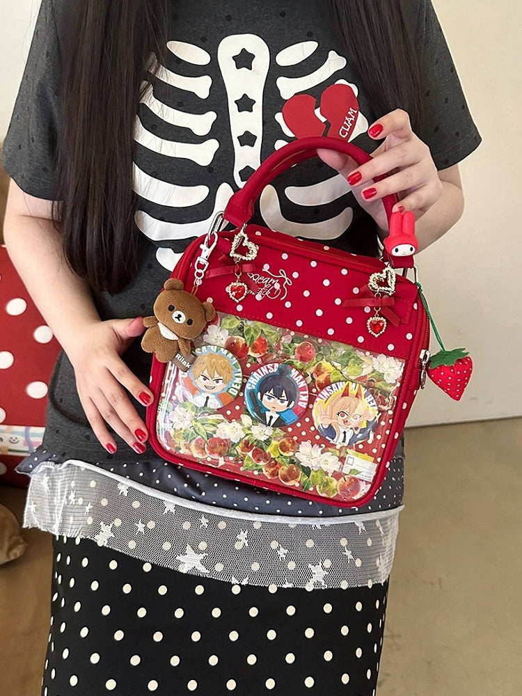 Red Heart Polka Dot Ita Bag with Double Clear Window - DRDR