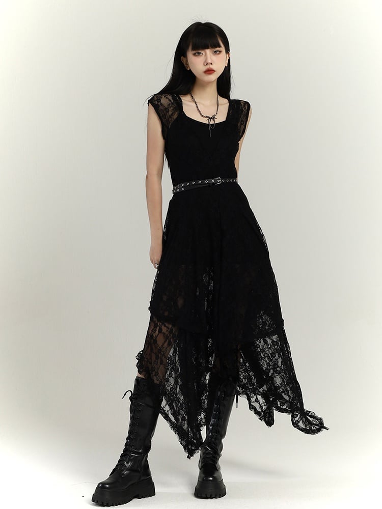 Gothic Black Round Neck Lace Handkerchief Hem Dress