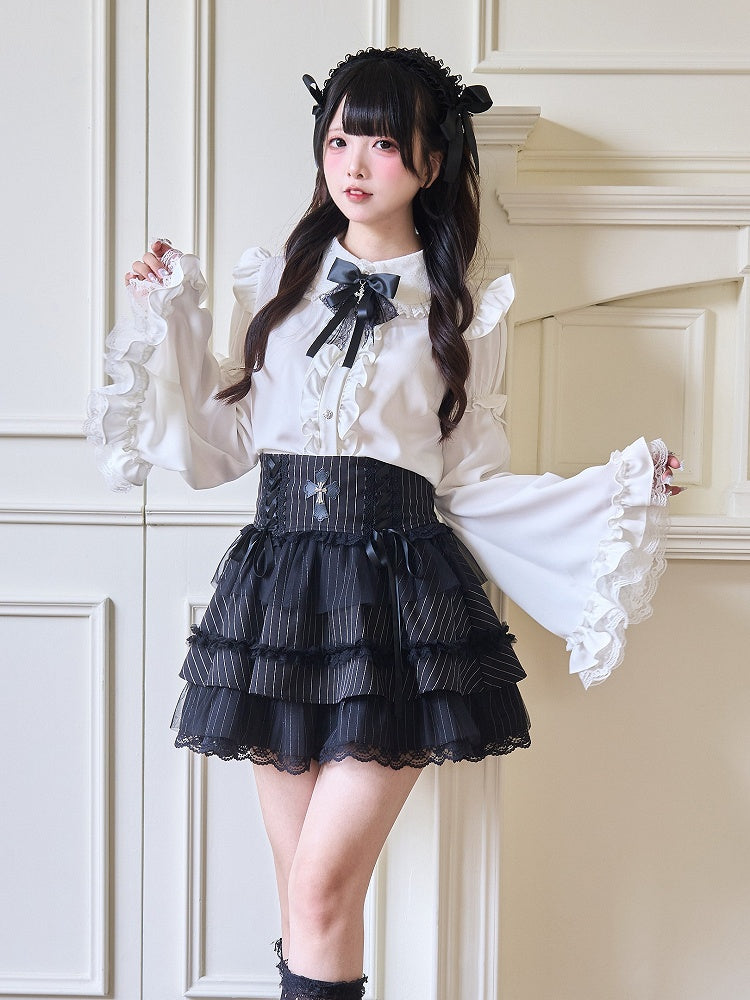 Black Skirt Tiered Lace and with Lace-up Details Striped Cross Ruffle Kei Jirai