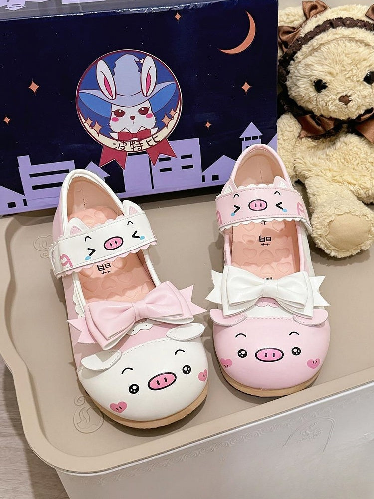 Detachable PU White Bow Flats Piggy with Cute Pink Themed