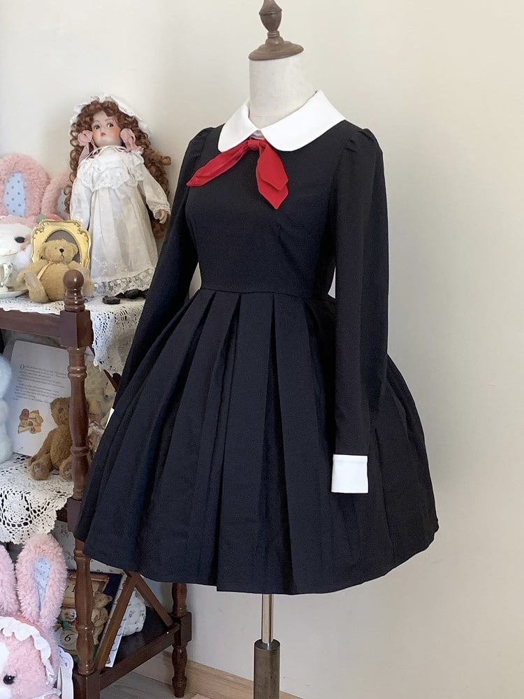 Maid Long Tie Collar Dress White Bow Black Sleeves Pleated and Red with Lolita