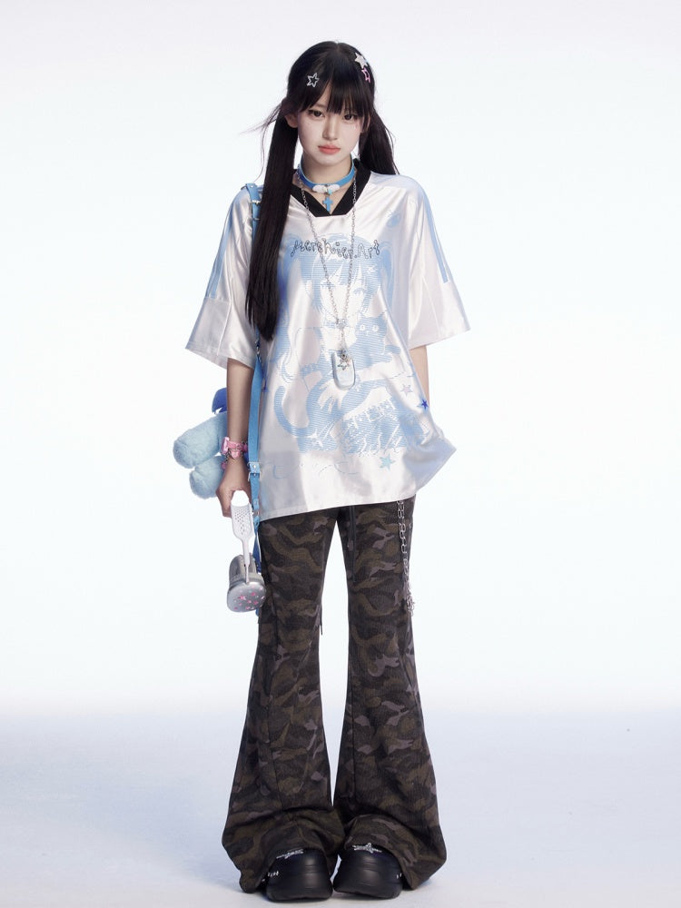 V-Ausschnitt Blau/Rosa Blokette T-Shirt Anime Girl Print Core Loose