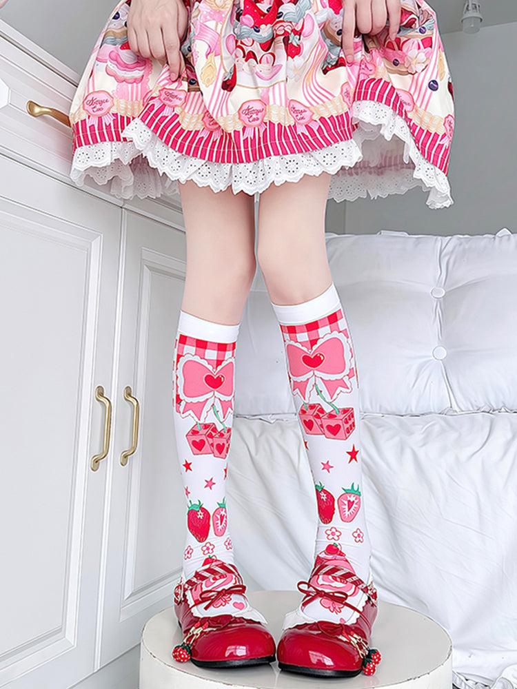 Red & White Lolita Strawberry & Bow Pattern Velvet Calf Socks