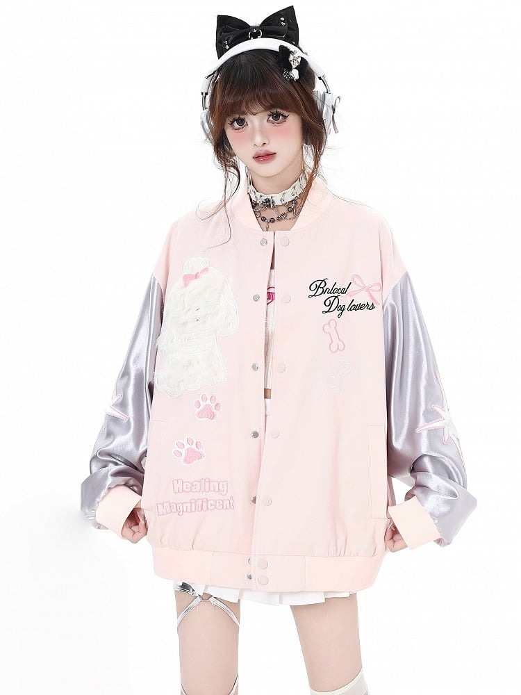Silver and Pink Furry Puppy Applique Baseball Jacket