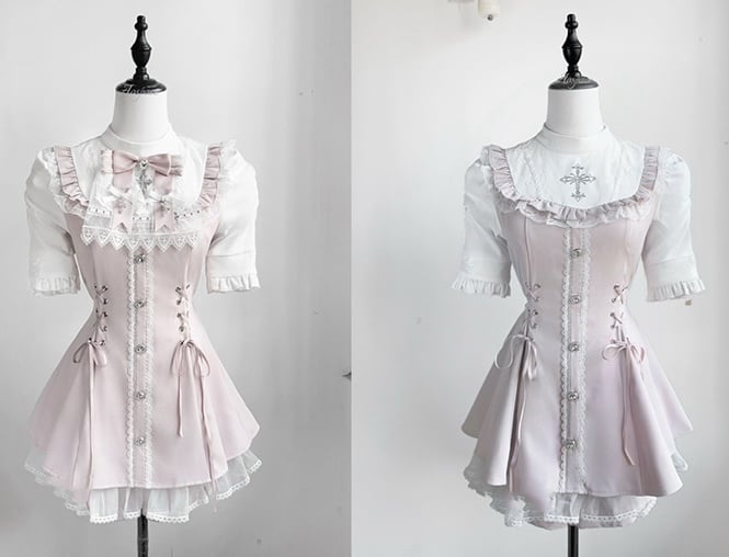 Coord Jirai Bow Bib Dress Kei Short Set: Rosa Krawatte mit Ärmel