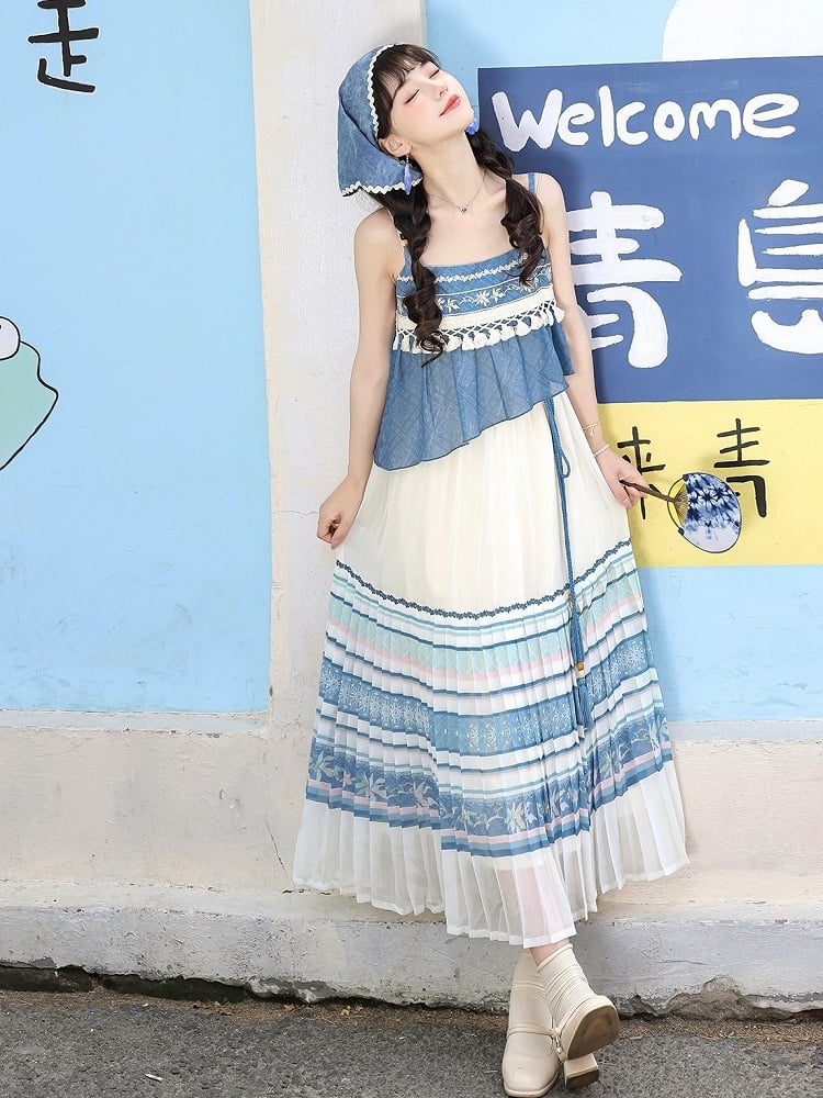 White and Blue Lace Tassel Cardigan with Floral Print Sleeveless Pleated Dress - Han Ru Chu Hanfu & Han-Element Studi