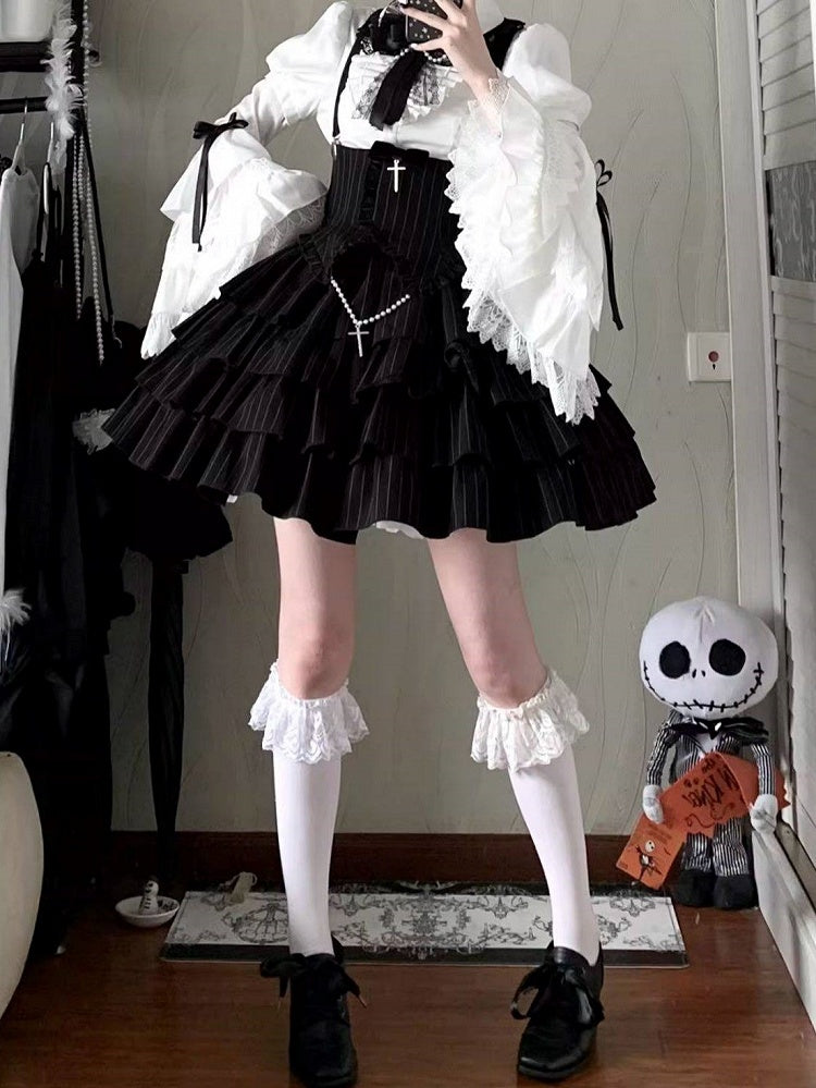 with Detachable and Bow Bell Accents Black Lace Sleeves White Detail