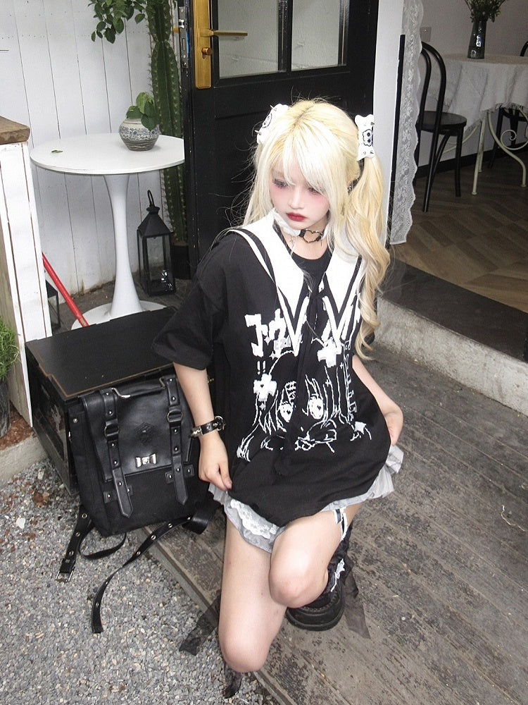 Collar T-Shirt Detachable Sailor Print with Black Manga Jira Kei Girl and