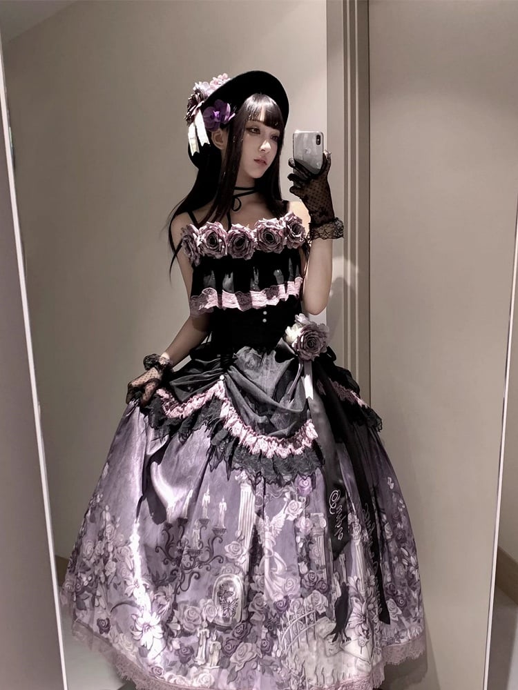 + with Lace Top Ruffled Classic Set Lolita Print Elegant Black Purple Floral Trim Skirt