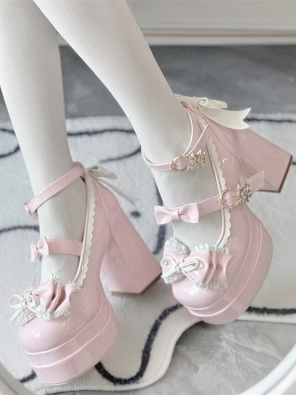Details Mary PU with High-heel Shoes Elegant 11cm Light Lolita Jane Bow Pink