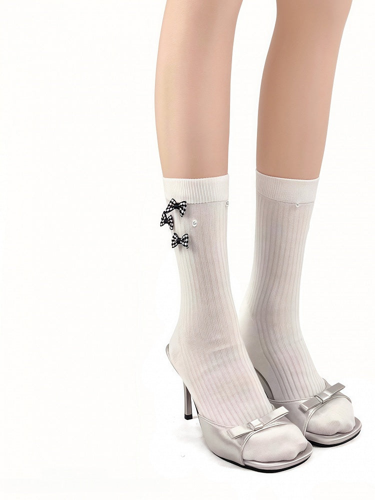 Bead Decorated Bowknot Socks and Cotton Black/White/Gray