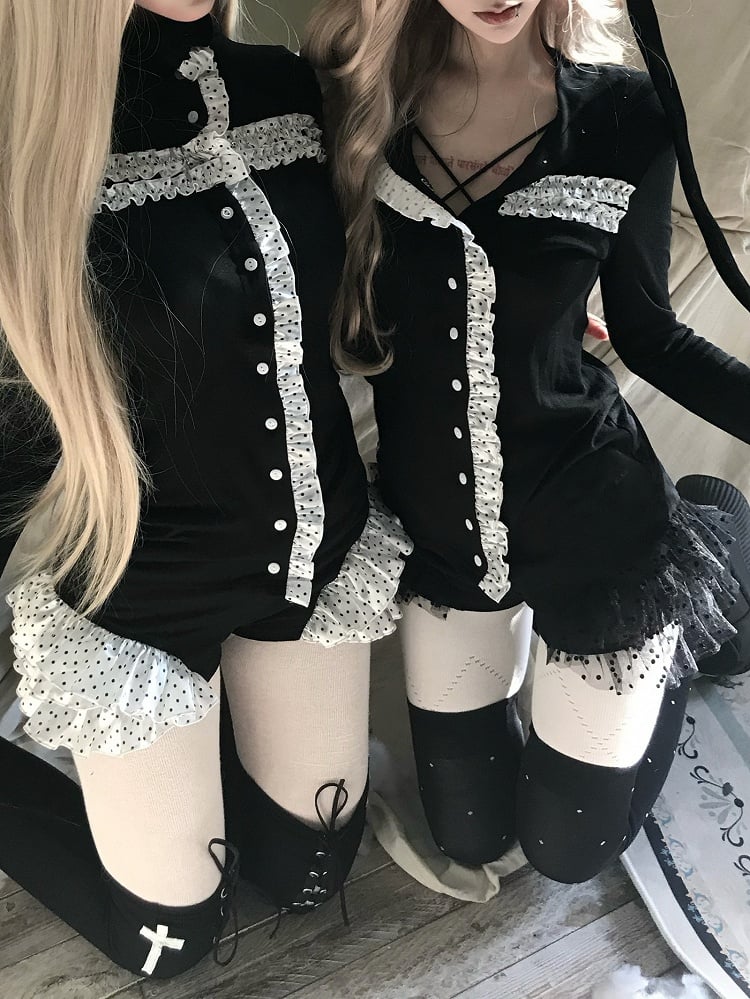 Layered Frill Shorts Pattern Spot Black with Trim Gothic