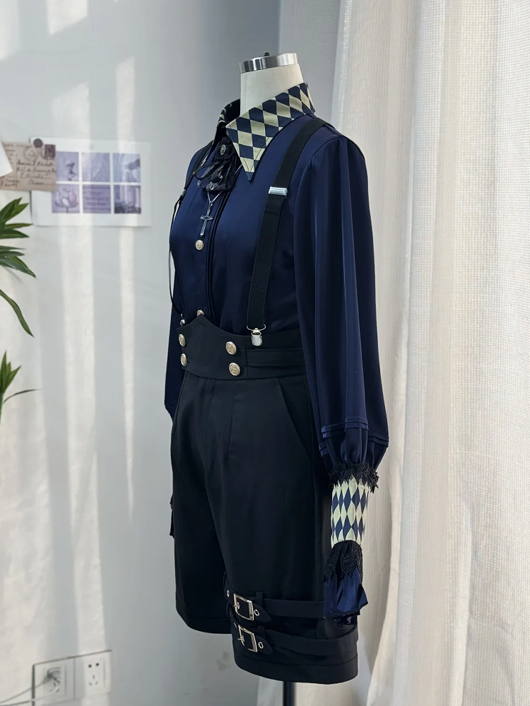 with Straight-leg Straps Lolita Ouji Shoulder Black Shorts