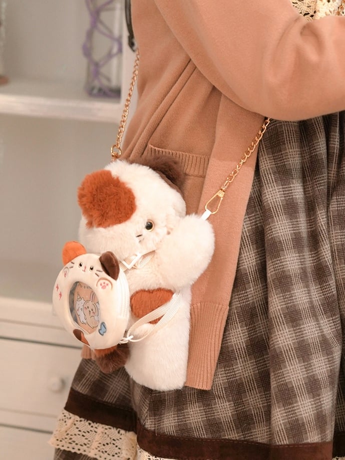 Kleiner/mittlerer/großer Rucksack/Crossbody-Optionen Tasche Süße 3 Keychian Herzgröße Weißes Kätzchen + Plüsch