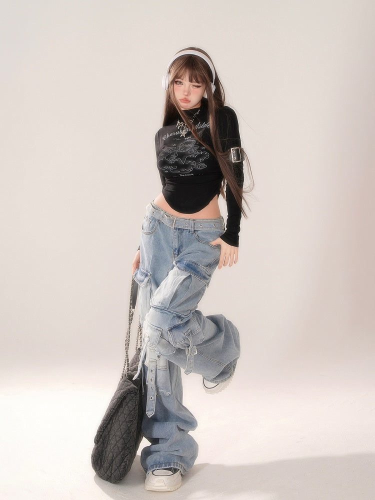 Gradient Blue Wide-Leg Cargo Jeans with Strap Detailing
