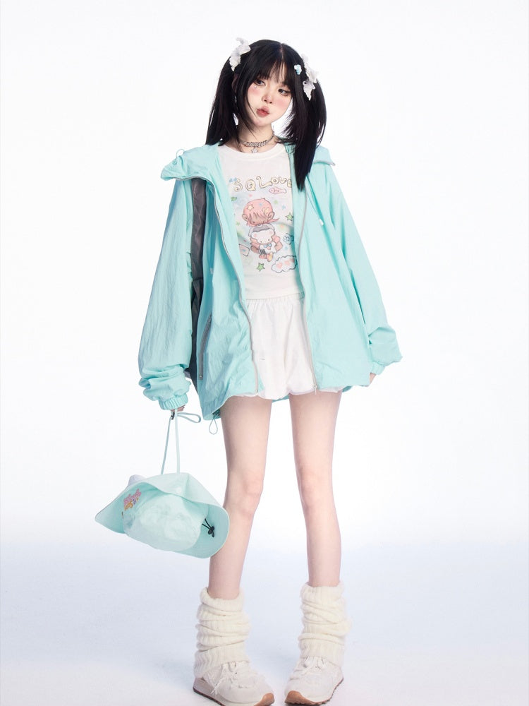 ホワイトラウンドネックかわいい漫画プリントTシャツ