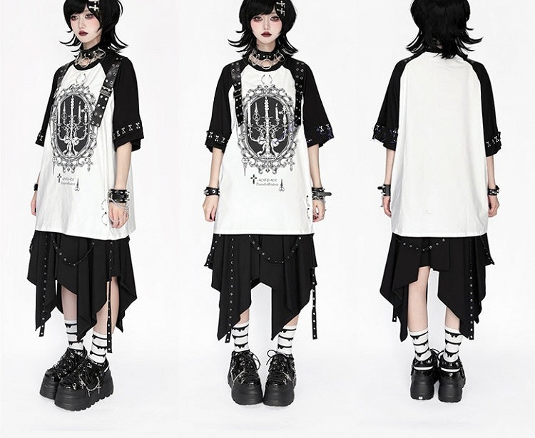 Shoulder Punk on Buckle Frame Print Picture with Cuffs Candelabra Rock Black White T-Shirt and - Details