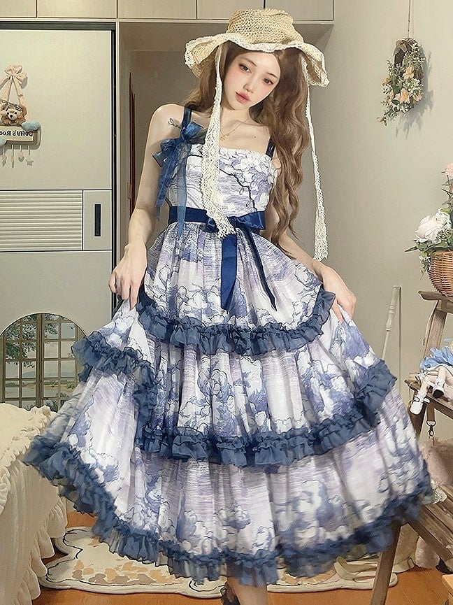 Dress Elegant Print Classic Cloud Layers Lolita Ruffled Blue White