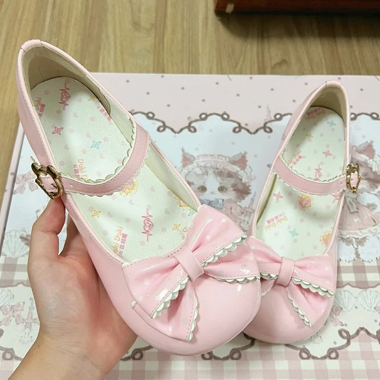 Round Design Bow Pink Pattern Playful Low-heel Bear Mary Sweet with Dot Janes and Lolita Toe Top - Closure