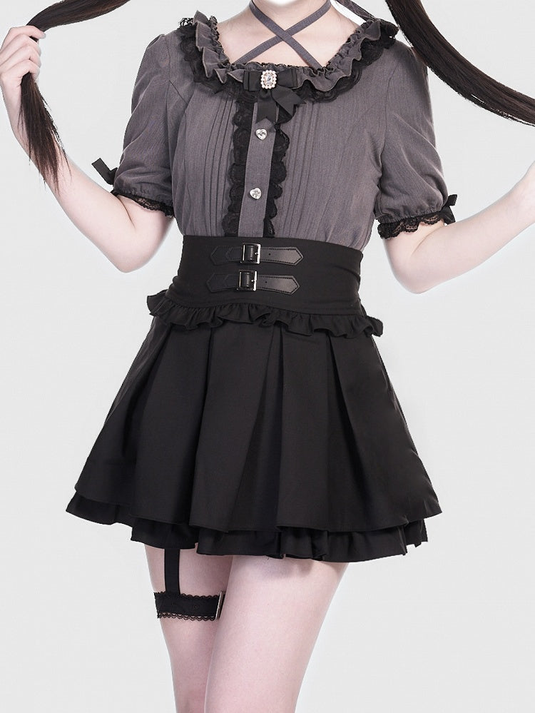 Garter Black Detail Tiered Buckle Strap Skirt Jirai Box Double with Pleat Kei