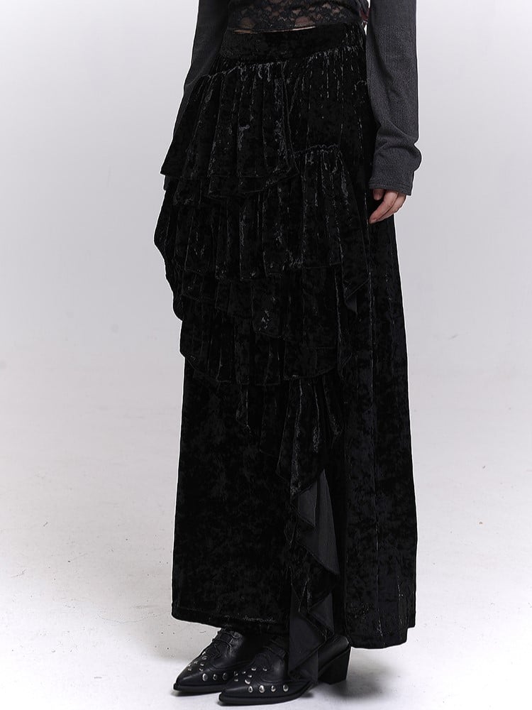 Black / Brown Velvet Maxi Skirt with Asymmetric Pleats and Cascading Ruffle Trim