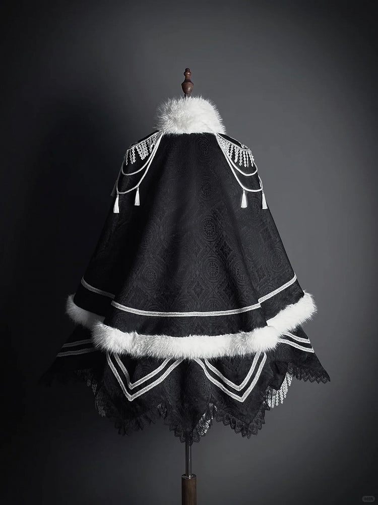 Double White Breasted with Tassel Faux Cape Black Fur-Trimmed Lolita Decoration and Military Buckle