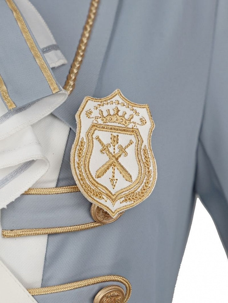 Military with Hem Buttons Blue and Ruffled Dress White Lolita Gold-tone