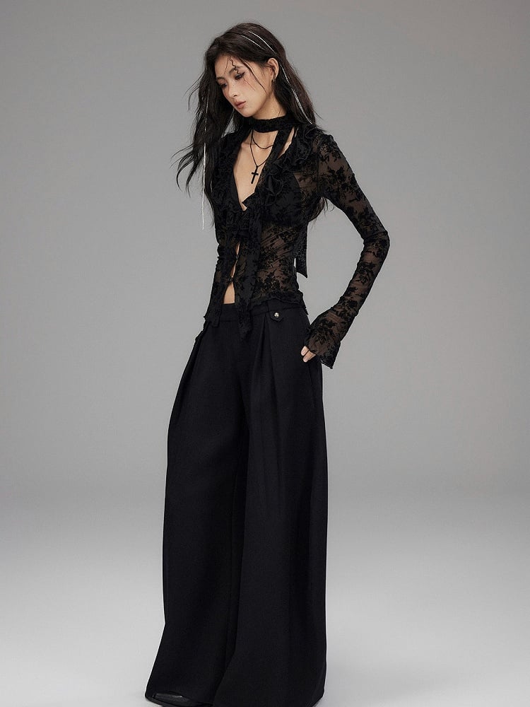 Wide Leg Black Loose Pants with Slant Front Pockets - Low pixel